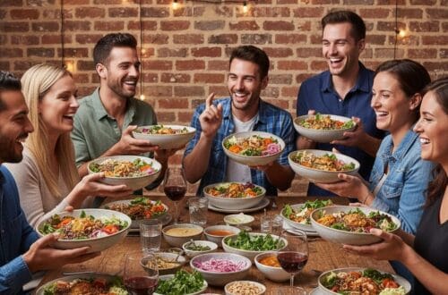 A group of seven happy friends sharing a communal "Supper Bowl" style dinner, serving themselves from large bowls of colorful food on a rustic wooden table under warm string lights.