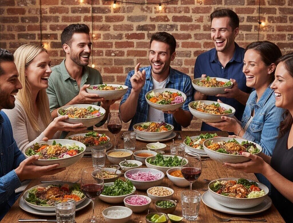 A group of seven happy friends sharing a communal "Supper Bowl" style dinner, serving themselves from large bowls of colorful food on a rustic wooden table under warm string lights.