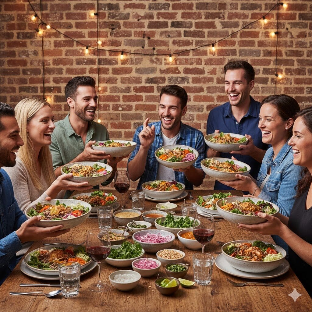 A group of seven happy friends sharing a communal "Supper Bowl" style dinner, serving themselves from large bowls of colorful food on a rustic wooden table under warm string lights.