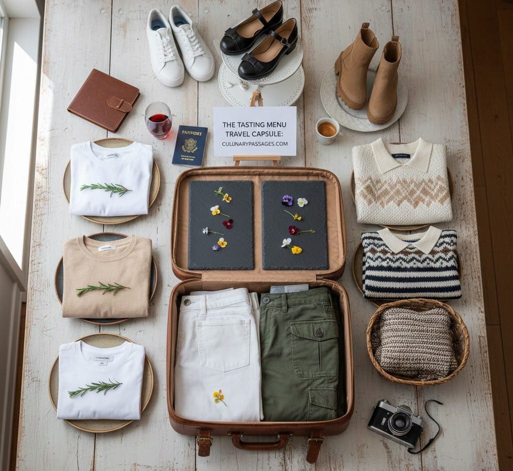 A flat-lay arrangement of Nordstrom Rack travel clothes including white jeans, utility pants, and sweaters organized on dinner plates and in a vintage suitcase to represent a "tasting menu" of fashion.