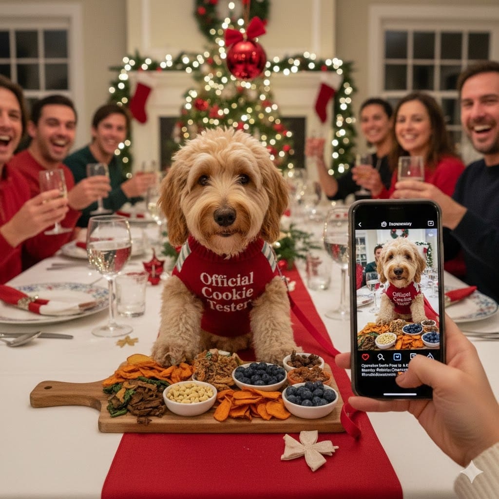 A fluffy goldendoodle wearing a red sweater that reads "Official Cookie Tester" sits at a festive Christmas dinner table. In the foreground, a hand holds a smartphone capturing a photo of the dog and a charcuterie board filled with snacks. In the blurred background, a group of people cheer with wine glasses in front of a lit Christmas tree.