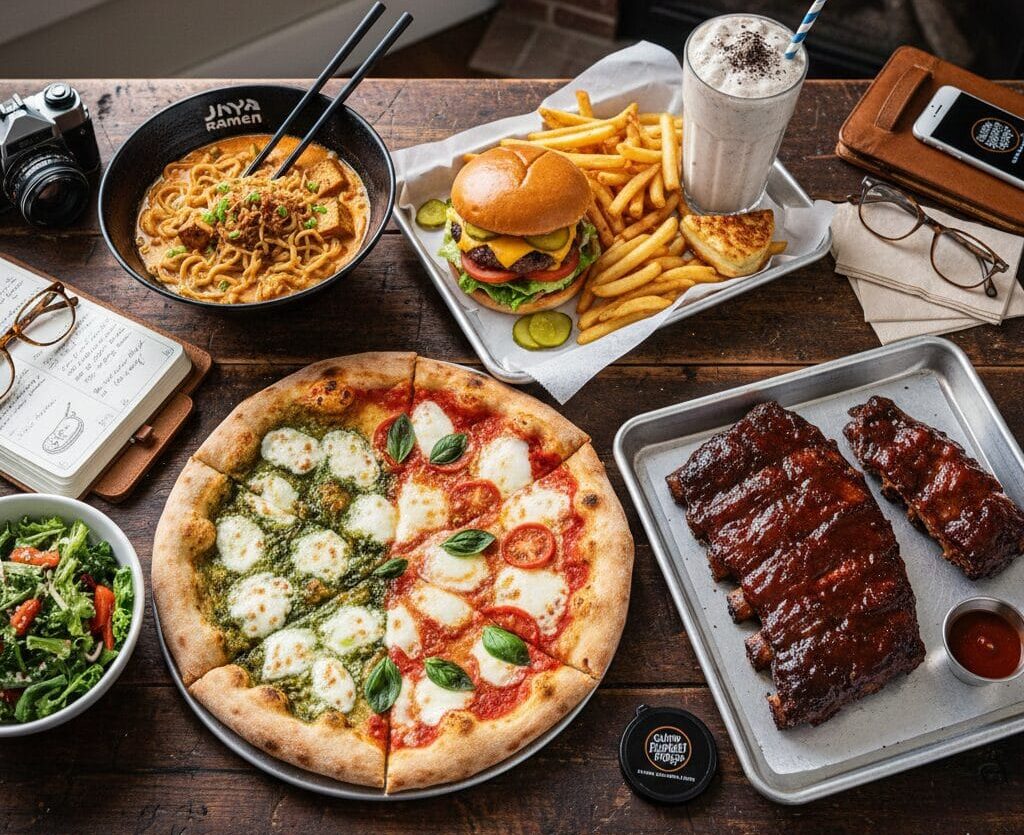 A top-down view of a wooden table featuring a bowl of Jinya ramen, a HiHo cheeseburger with fries, a Pizzana margherita and spinach pizza, and a tray of Wood Ranch BBQ ribs.