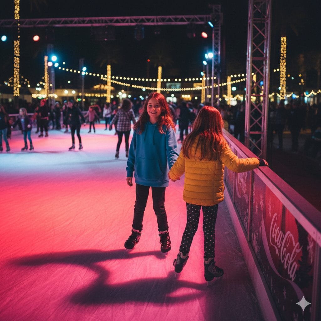 Two young girls ice skating at the Fontainebleau Las Vegas seasonal outdoor rink on the pool deck at night.