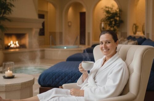 A woman in a white luxury bathrobe relaxing in a plush spa lounge with a warm drink, representing a wellness retreat at Canyon Ranch Spa in Las Vegas.