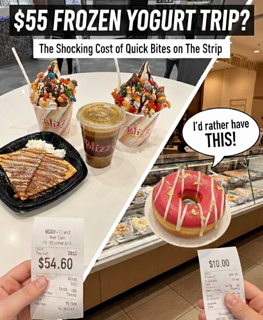 A first-person view of a hand holding a $54.60 receipt from Blizz Frozen Yogurt at MGM Grand, featuring two loaded frozen yogurts, a Nutella crepe, and a pressed juice on the table, contrasted with a hand holding a gourmet Donutique donut.