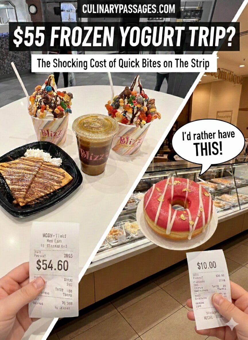 A first-person view of a hand holding a $54.60 receipt from Blizz Frozen Yogurt at MGM Grand, featuring two loaded frozen yogurts, a Nutella crepe, and a pressed juice on the table, contrasted with a hand holding a gourmet Donutique donut.