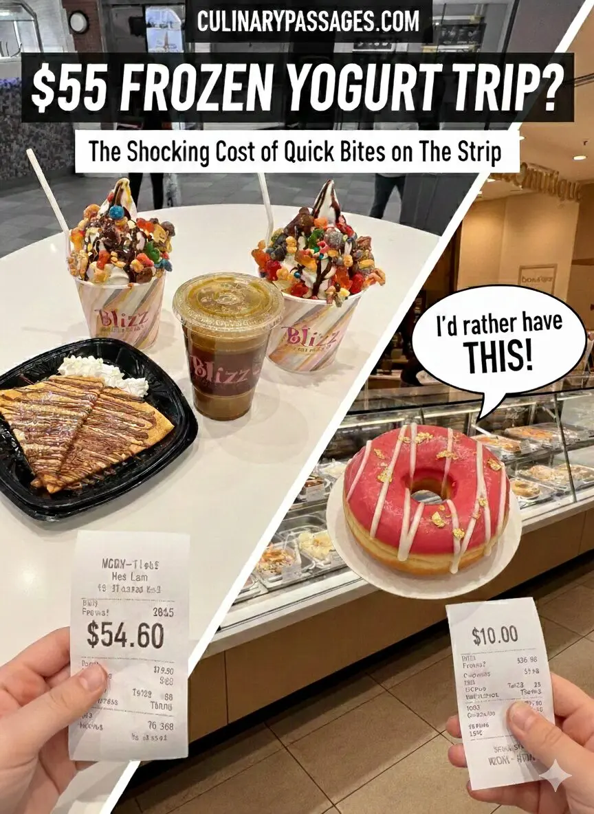 A first-person view of a hand holding a $54.60 receipt from Blizz Frozen Yogurt at MGM Grand, featuring two loaded frozen yogurts, a Nutella crepe, and a pressed juice on the table, contrasted with a hand holding a gourmet Donutique donut.