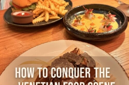 A promotional graphic for a Venetian food guide featuring a wild mushroom tamale, an ahi tuna appetizer, and a burger with fries. Text overlay reads "How to Conquer the Venetian Food Scene Without Losing Your Mind.