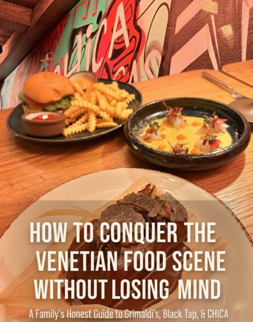 A promotional graphic for a Venetian food guide featuring a wild mushroom tamale, an ahi tuna appetizer, and a burger with fries. Text overlay reads "How to Conquer the Venetian Food Scene Without Losing Your Mind.