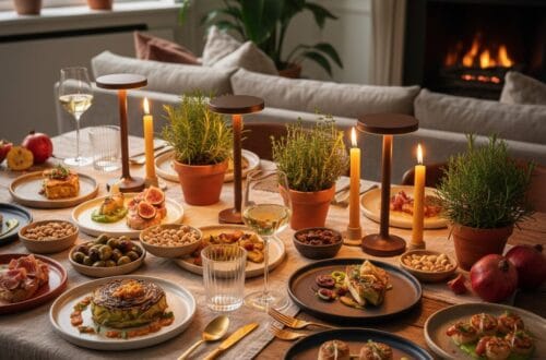 A sophisticated 2026 tablescape for a grown-up tapas night featuring charred cabbage, seared scallops, artisanal meats, potted herbs, and gold flatware under warm candle lighting.