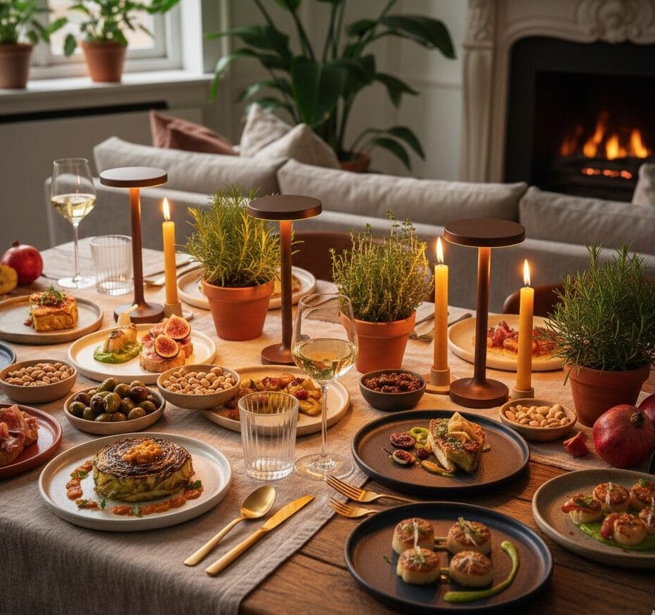 A sophisticated 2026 tablescape for a grown-up tapas night featuring charred cabbage, seared scallops, artisanal meats, potted herbs, and gold flatware under warm candle lighting.