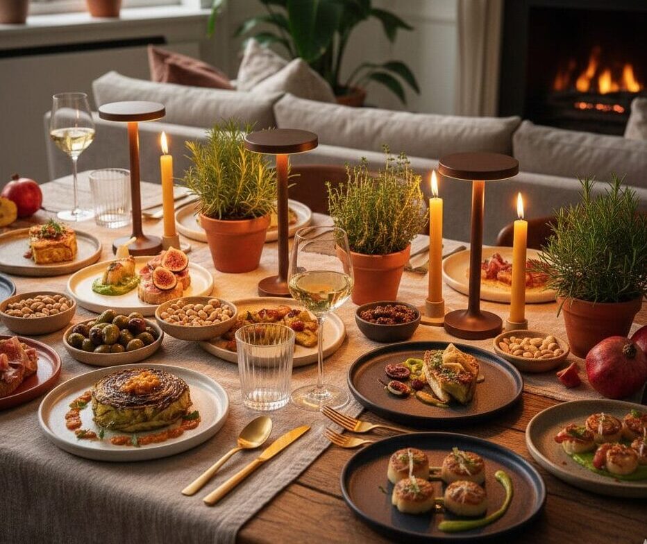 A sophisticated 2026 tablescape for a grown-up tapas night featuring charred cabbage, seared scallops, artisanal meats, potted herbs, and gold flatware under warm candle lighting.