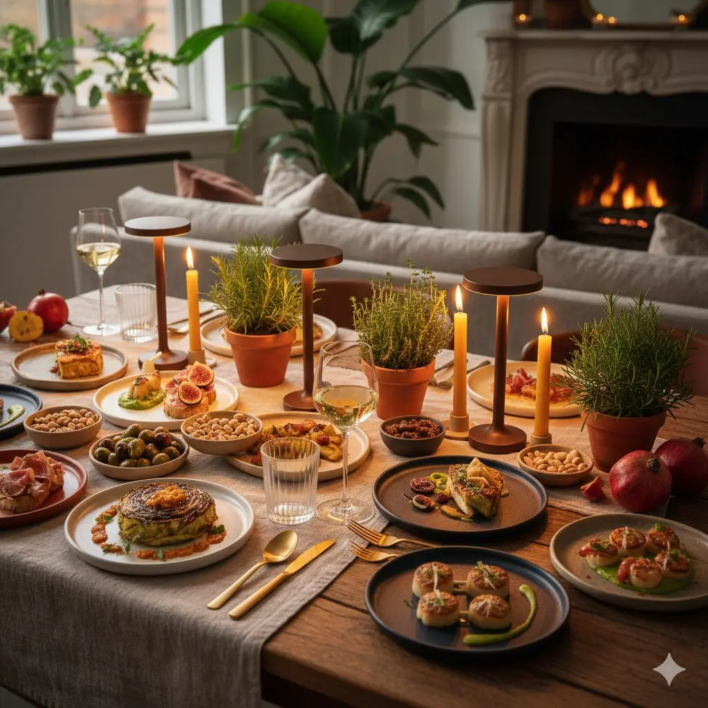 A sophisticated 2026 tablescape for a grown-up tapas night featuring charred cabbage, seared scallops, artisanal meats, potted herbs, and gold flatware under warm candle lighting.