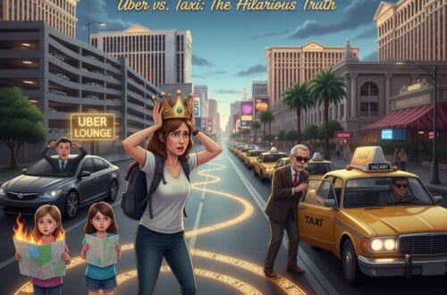 A humorous scene on the Las Vegas Strip featuring a frustrated mother wearing a gold crown and a hiking backpack, standing between two young daughters holding maps. A glowing yellow path on the road marks "10,000 steps" leading toward the Eiffel Tower, while a classic yellow taxi waits nearby, illustrating the choice between walking, Uber, or a taxi.