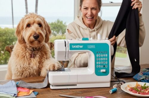 A blonde woman and her Goldendoodle dog sit at a wooden table with a Brother CS7000X sewing machine. She is laughing and holding up a pair of poor quality black leggings with a torn seam, while the dog has a paw on the machine as if helping. A plate of fresh tuna crudo sits on the table nearby.