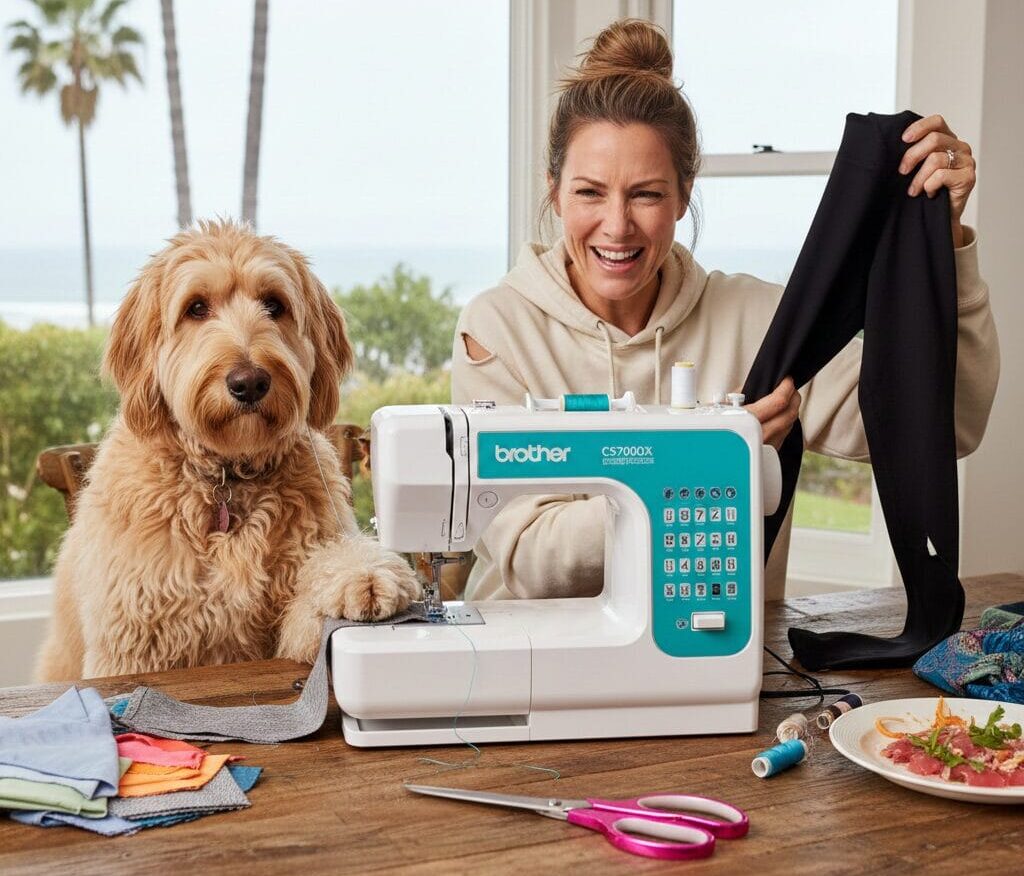 A blonde woman and her Goldendoodle dog sit at a wooden table with a Brother CS7000X sewing machine. She is laughing and holding up a pair of poor quality black leggings with a torn seam, while the dog has a paw on the machine as if helping. A plate of fresh tuna crudo sits on the table nearby.