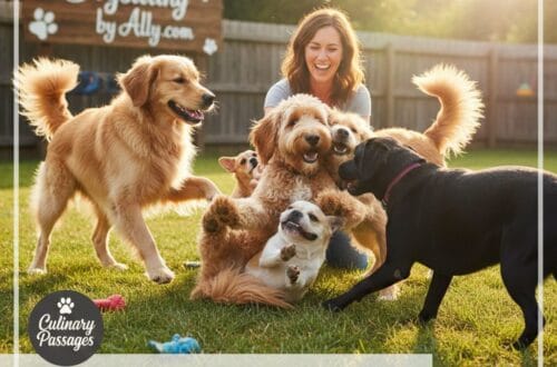 A happy group of diverse dogs, including a Goldendoodle and a Golden Retriever, playing in a sunny green backyard with a smiling woman. A wooden sign in the background reads "Dogsitting by Ally.com" and a Culinary Passages logo is in the lower left side.