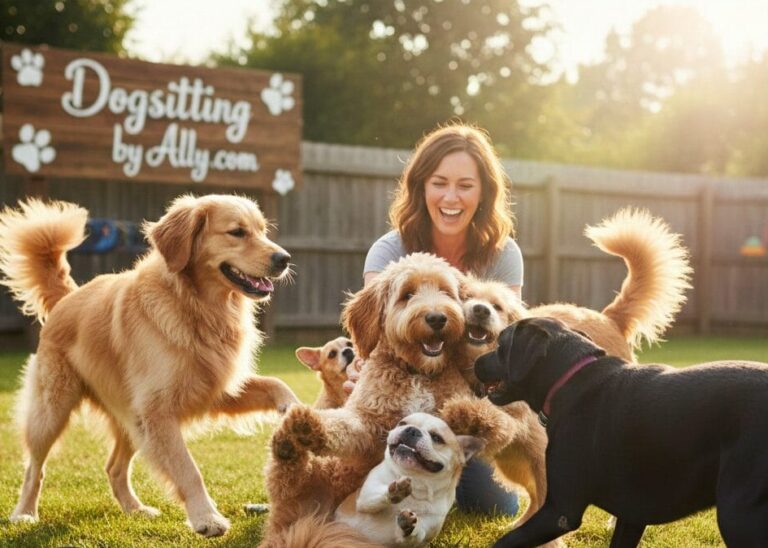 A happy group of diverse dogs, including a Goldendoodle and a Golden Retriever, playing together with muddy paw prints in the grass in a sunny backyard with a smiling woman. A wooden sign in the background reads "Dogsitting by Ally.com" and a Culinary Passages logo is in the lower left side.
