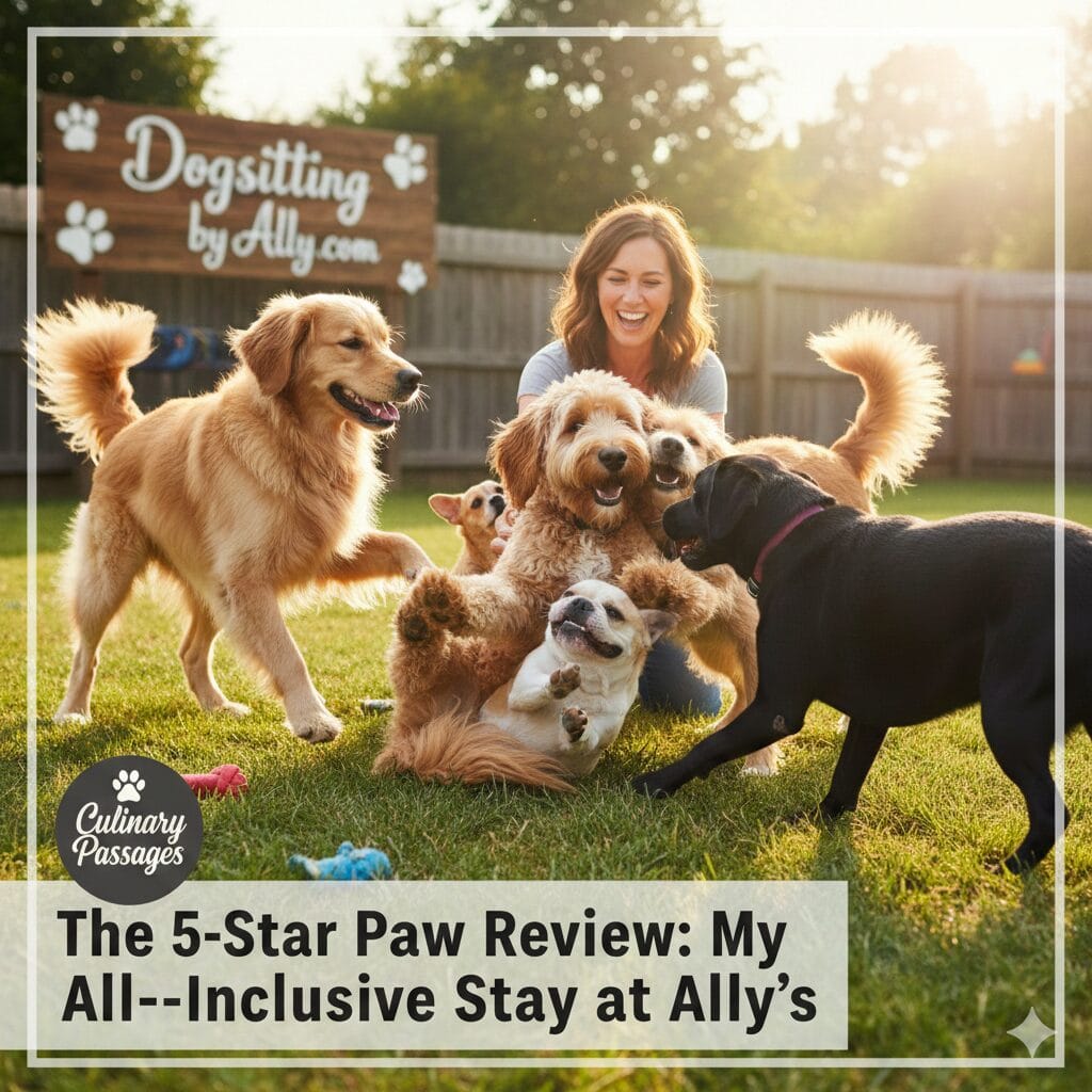 A happy group of diverse dogs, including a Goldendoodle and a Golden Retriever, playing in a sunny green backyard with a smiling woman. A wooden sign in the background reads "Dogsitting by Ally.com" and a Culinary Passages logo is in the lower left side.