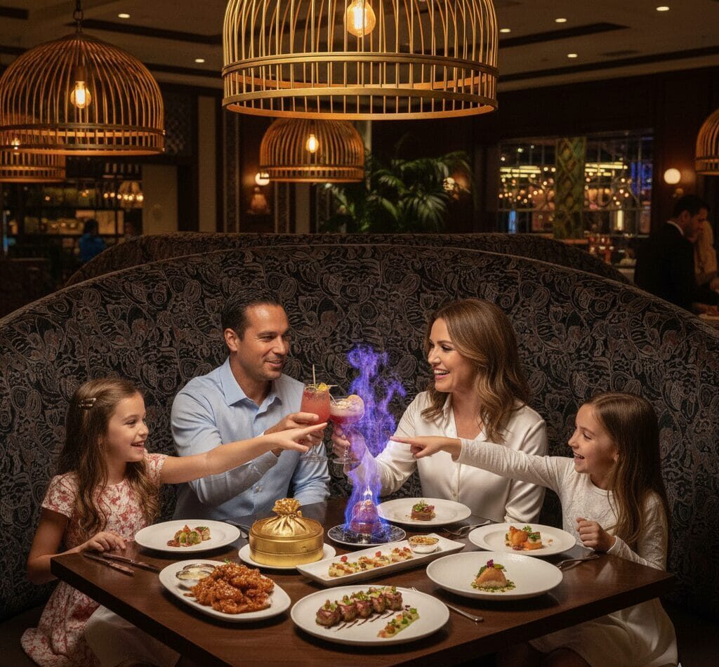 A family of four sits in a dark, patterned booth at an upscale restaurant, smiling as they watch a blue flambé fire rise from a dish on their table while the parents toast with pink cocktails.