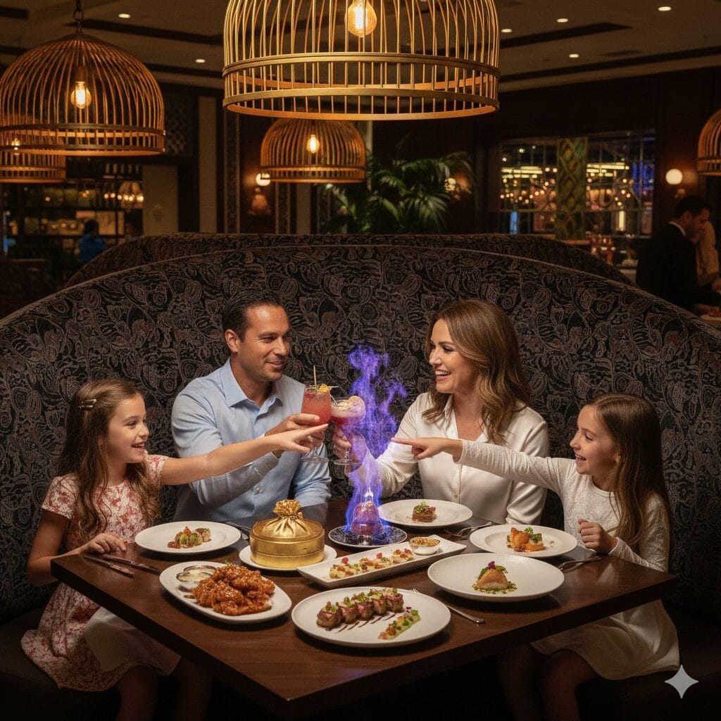 A family of four sits in a dark, patterned booth at an upscale restaurant, smiling as they watch a blue flambé fire rise from a dish on their table while the parents toast with pink cocktails.