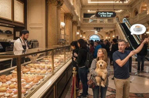 A woman holding a Goldendoodle puppy standing in a long line at Bouchon Bakery in the Venetian Hotel, while her husband points urgently toward an escalator leading to a Coffee Bean & Tea Leaf sign.