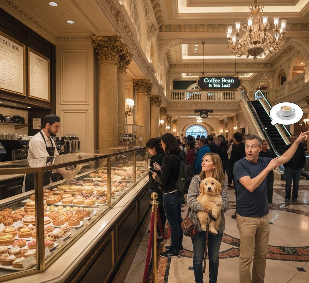 A woman holding a Goldendoodle puppy standing in a long line at Bouchon Bakery in the Venetian Hotel, while her husband points urgently toward an escalator leading to a Coffee Bean & Tea Leaf sign.