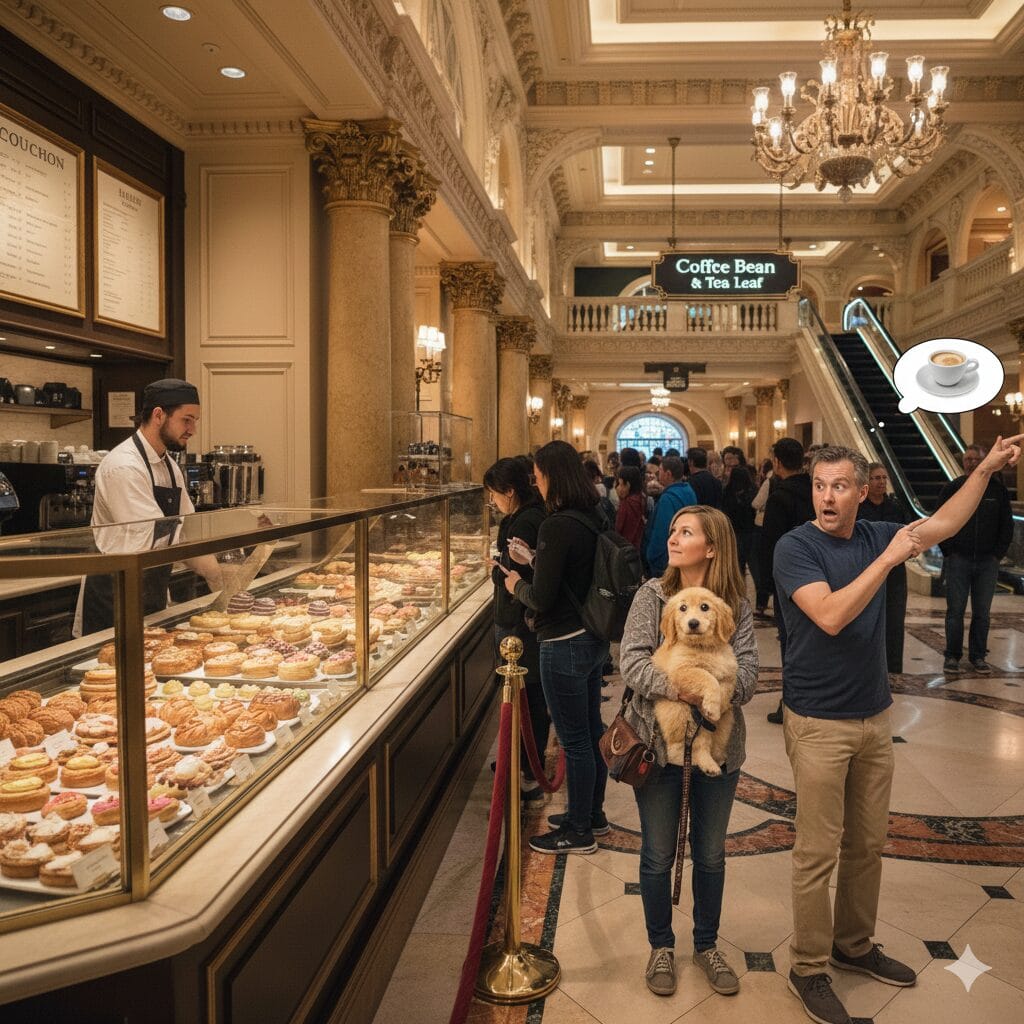 A woman holding a Goldendoodle puppy standing in a long line at Bouchon Bakery in the Venetian Hotel, while her husband points urgently toward an escalator leading to a Coffee Bean & Tea Leaf sign.