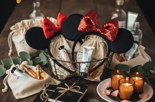 A high-quality flatlay of luxury party favors including sequined Mickey Mouse ears, artisanal candles, linen gift bags, and hardcover sketchbooks on a rustic wooden table.