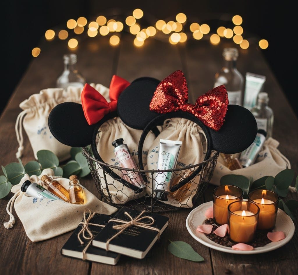 A high-quality flatlay of luxury party favors including sequined Mickey Mouse ears, artisanal candles, linen gift bags, and hardcover sketchbooks on a rustic wooden table.