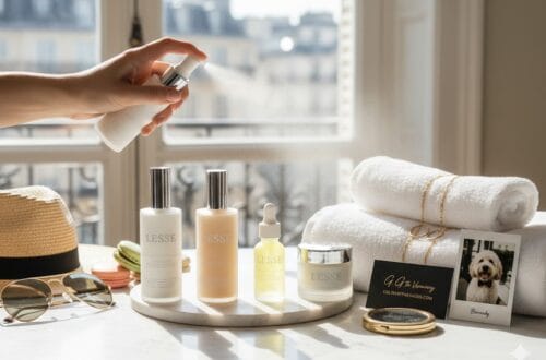 Upscale travel packing flat-lay featuring Lesse skincare, designer sunglasses, a straw hat, and a photo of Barnaby the Goldendoodle.