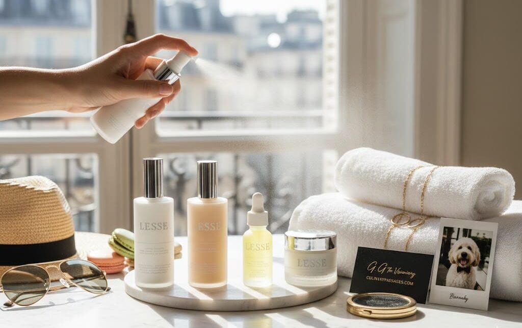 Upscale travel packing flat-lay featuring Lesse skincare, designer sunglasses, a straw hat, and a photo of Barnaby the Goldendoodle.