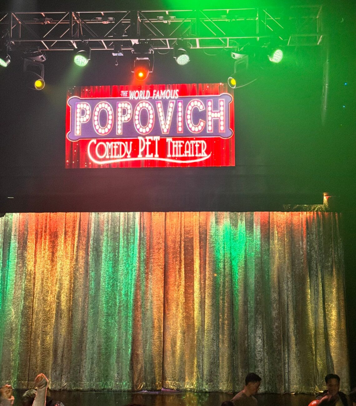 A view from the audience of the Popovich Comedy Pet Theater stage in Las Vegas, featuring a bright red neon sign and gold curtains under colorful stage lights.