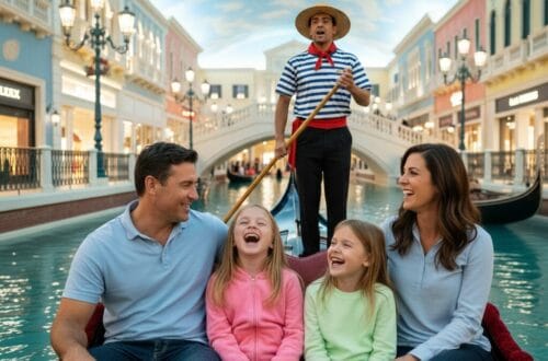 A candid, joyful photo of a family of four laughing in a gondola. A gondolier in a striped shirt steers them through a turquoise canal lined with Venetian-style architecture under a painted sky.