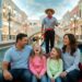 A candid, joyful photo of a family of four laughing in a gondola. A gondolier in a striped shirt steers them through a turquoise canal lined with Venetian-style architecture under a painted sky.