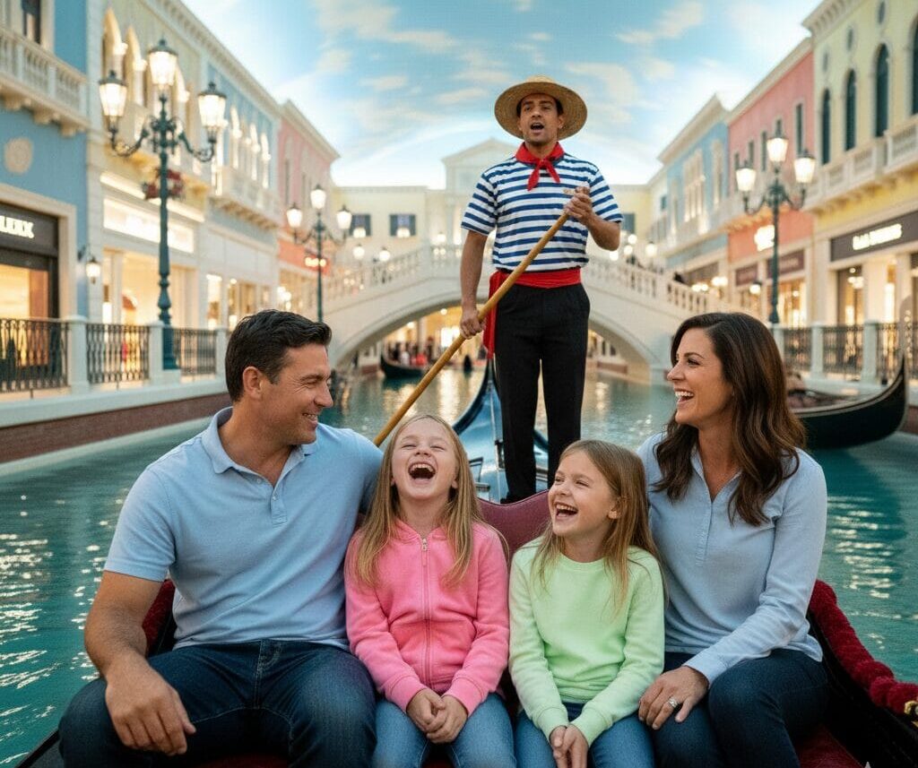 A candid, joyful photo of a family of four laughing in a gondola. A gondolier in a striped shirt steers them through a turquoise canal lined with Venetian-style architecture under a painted sky.