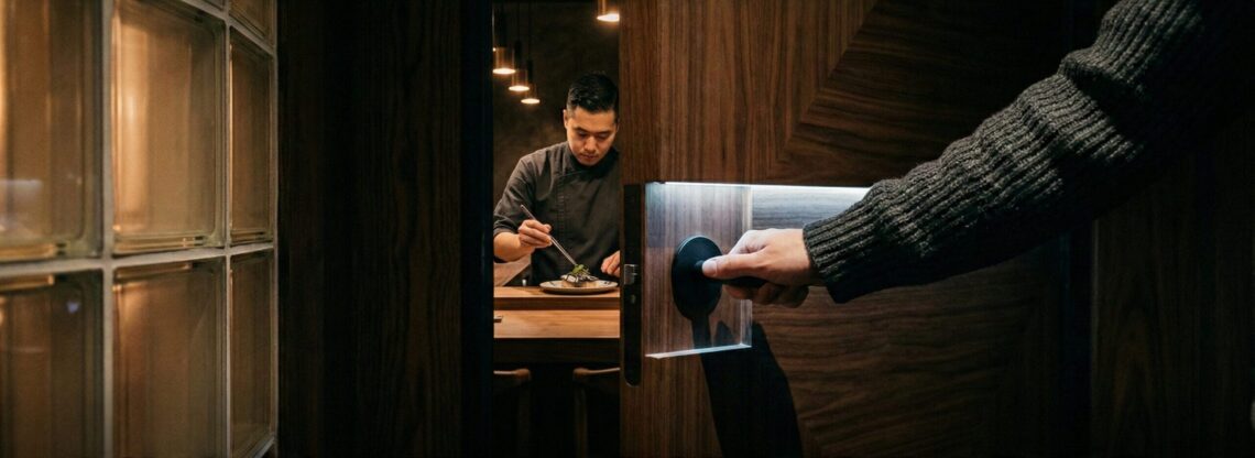 A hand in a charcoal ribbed knit sleeve opening a secret walnut door to reveal Chef Brian Baik preparing a dish at the Corridor 109 seafood counter in Melrose Hill, Los Angeles. High-contrast cinematic lighting.