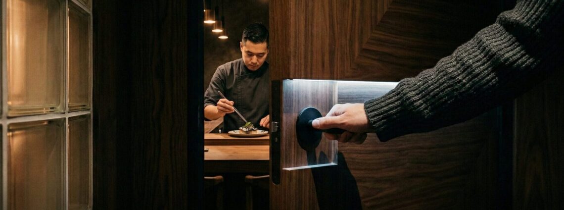 A hand in a charcoal ribbed knit sleeve opening a secret walnut door to reveal Chef Brian Baik preparing a dish at the Corridor 109 seafood counter in Melrose Hill, Los Angeles. High-contrast cinematic lighting.