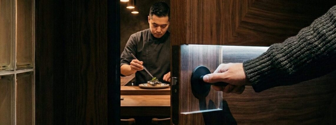 A hand in a charcoal ribbed knit sleeve opening a secret walnut door to reveal Chef Brian Baik preparing a dish at the Corridor 109 seafood counter in Melrose Hill, Los Angeles. High-contrast cinematic lighting.