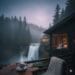 A woman in a white bathrobe sits inside a dark cedar wood cabin looking out at a massive waterfall in a foggy Pacific Northwest forest at dawn. A steaming cup of coffee sits on a rustic wood table in the foreground.