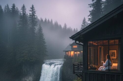 A woman in a white bathrobe sits inside a dark cedar wood cabin looking out at a massive waterfall in a foggy Pacific Northwest forest at dawn. A steaming cup of coffee sits on a rustic wood table in the foreground.