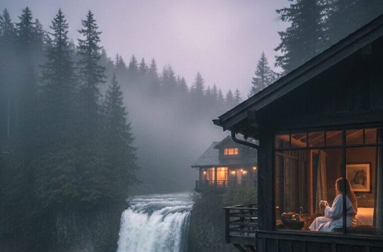 A woman in a white bathrobe sits inside a dark cedar wood cabin looking out at a massive waterfall in a foggy Pacific Northwest forest at dawn. A steaming cup of coffee sits on a rustic wood table in the foreground.