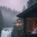 A woman in a white bathrobe sits inside a dark cedar wood cabin looking out at a massive waterfall in a foggy Pacific Northwest forest at dawn. A steaming cup of coffee sits on a rustic wood table in the foreground.