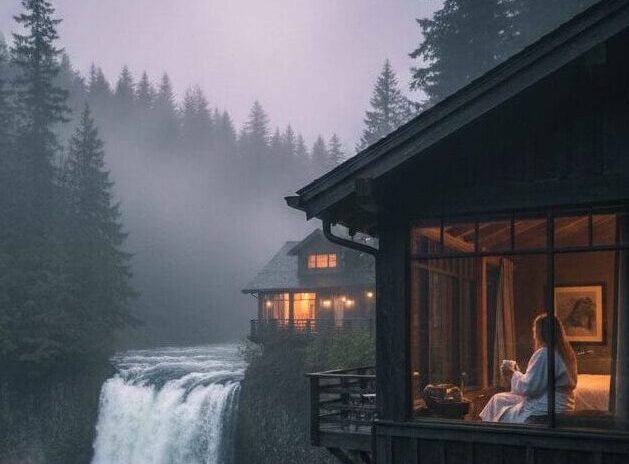 A woman in a white bathrobe sits inside a dark cedar wood cabin looking out at a massive waterfall in a foggy Pacific Northwest forest at dawn. A steaming cup of coffee sits on a rustic wood table in the foreground.