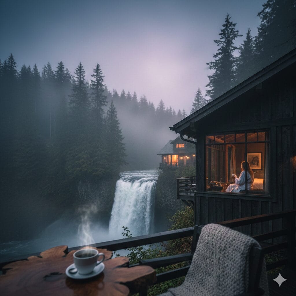 A woman in a white bathrobe sits inside a dark cedar wood cabin looking out at a massive waterfall in a foggy Pacific Northwest forest at dawn. A steaming cup of coffee sits on a rustic wood table in the foreground.
