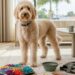 A well-groomed cream Goldendoodle standing in a luxury Los Angeles living room next to grooming tools, a snuffle mat, and a smart dog collar.