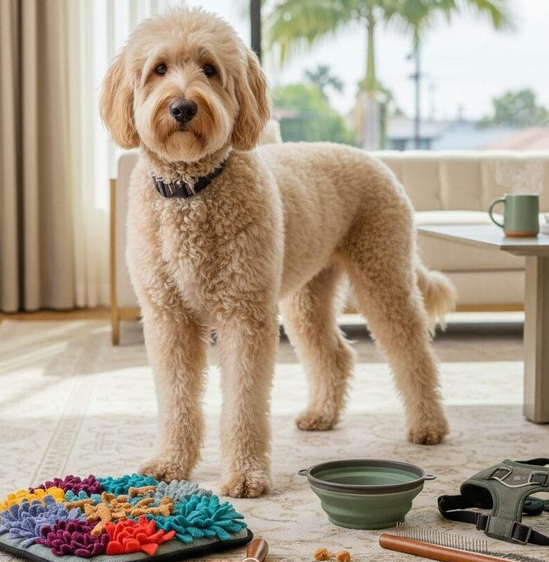 A well-groomed cream Goldendoodle standing in a luxury Los Angeles living room next to grooming tools, a snuffle mat, and a smart dog collar.