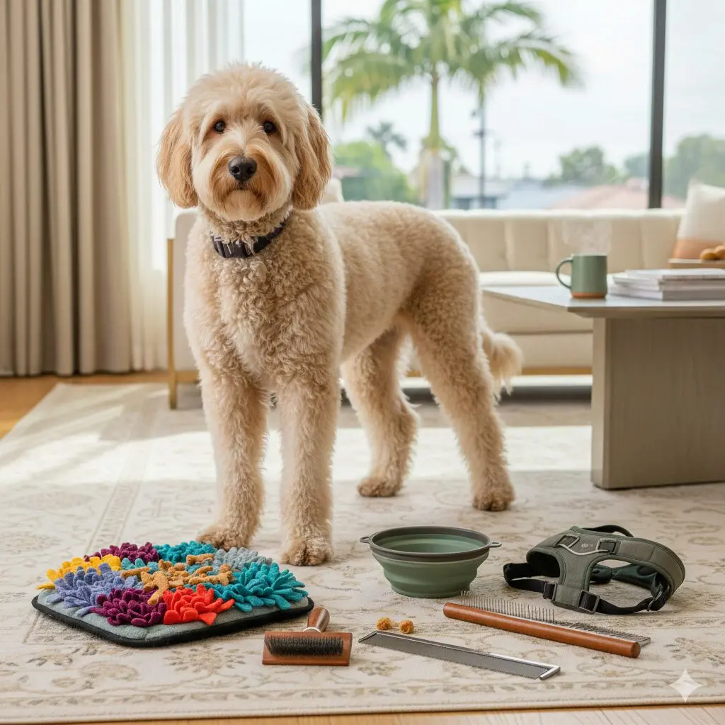 A well-groomed cream Goldendoodle standing in a luxury Los Angeles living room next to grooming tools, a snuffle mat, and a smart dog collar.