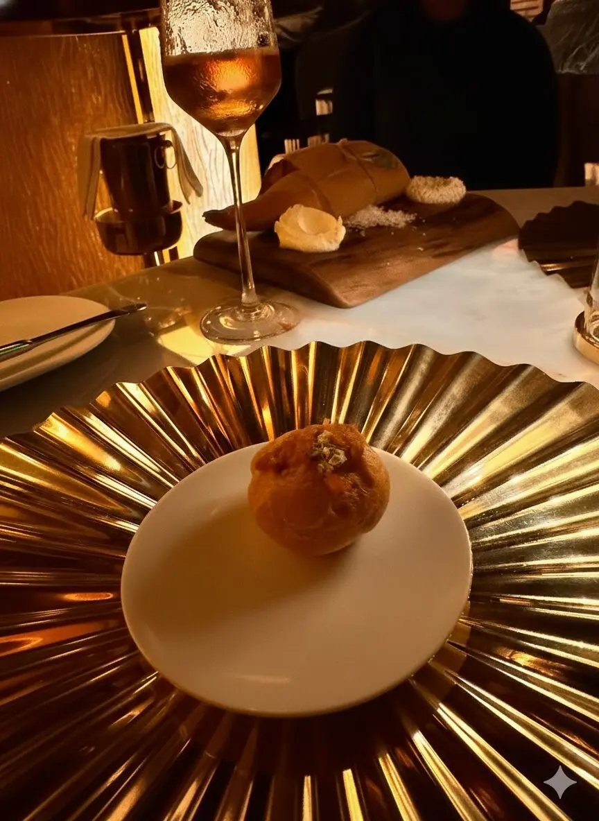 A close-up of a delicate amuse-bouche served on a small white plate, resting atop a large, reflective gold-pleated decorative charger. In the background, a chilled glass of rosé wine and a rustic bread service on a wooden board are illuminated by warm, moody restaurant lighting.