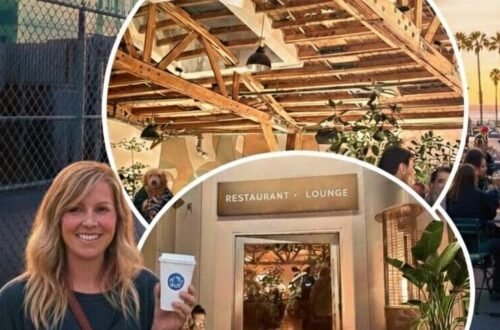 A blonde woman holding a Blue Bottle coffee cup stands in front of the Edgemar complex in Santa Monica. The image features a collage showing the industrial deconstructivist architecture of Frank Gehry, the interior of Edgemar Restaurant + Lounge with exposed wood beams, and a golden sunset over Main Street with palm trees.